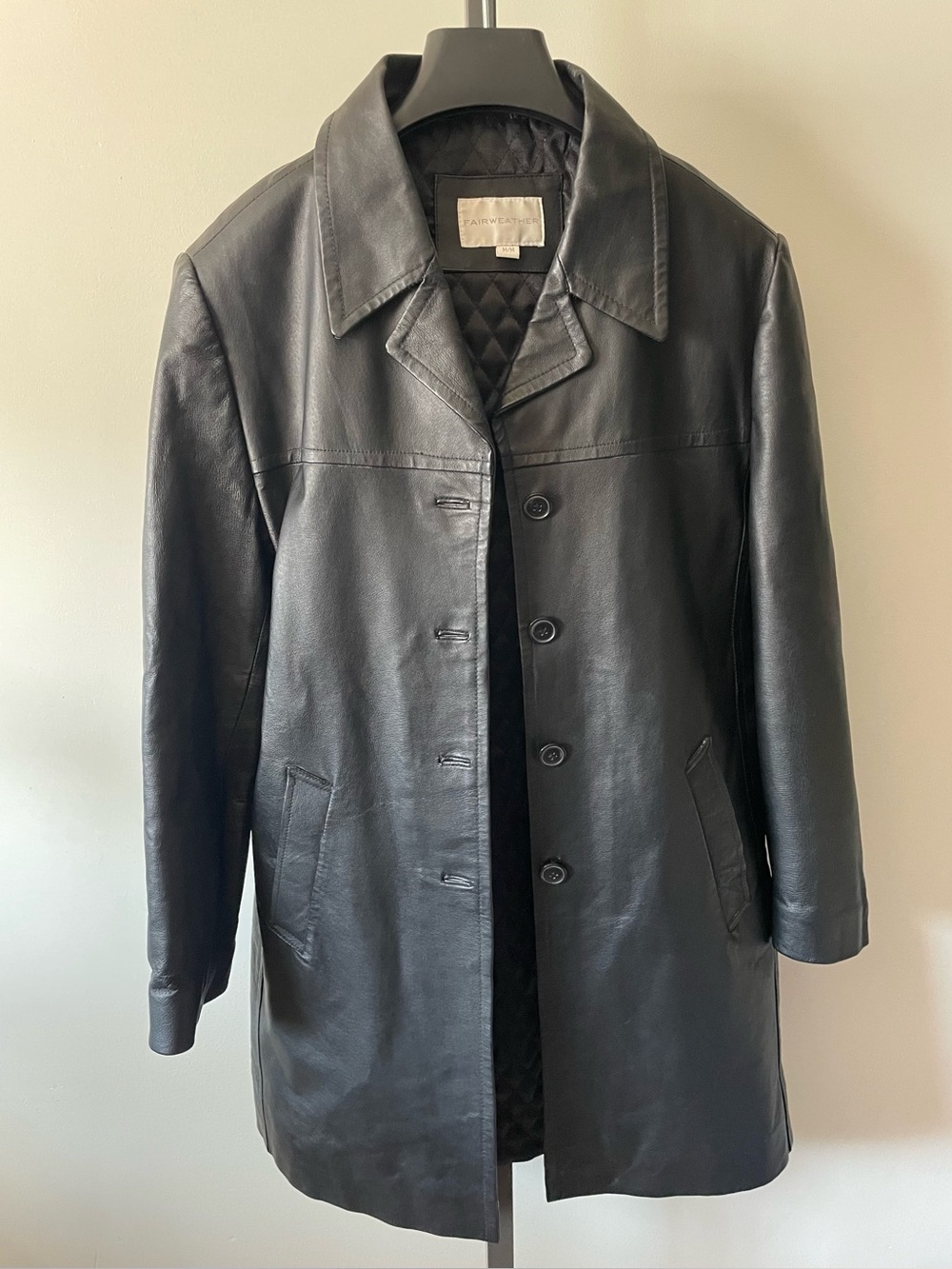 Vintage Fairweather Black Genuine Leather Quilted Lined Trench Coat Medium